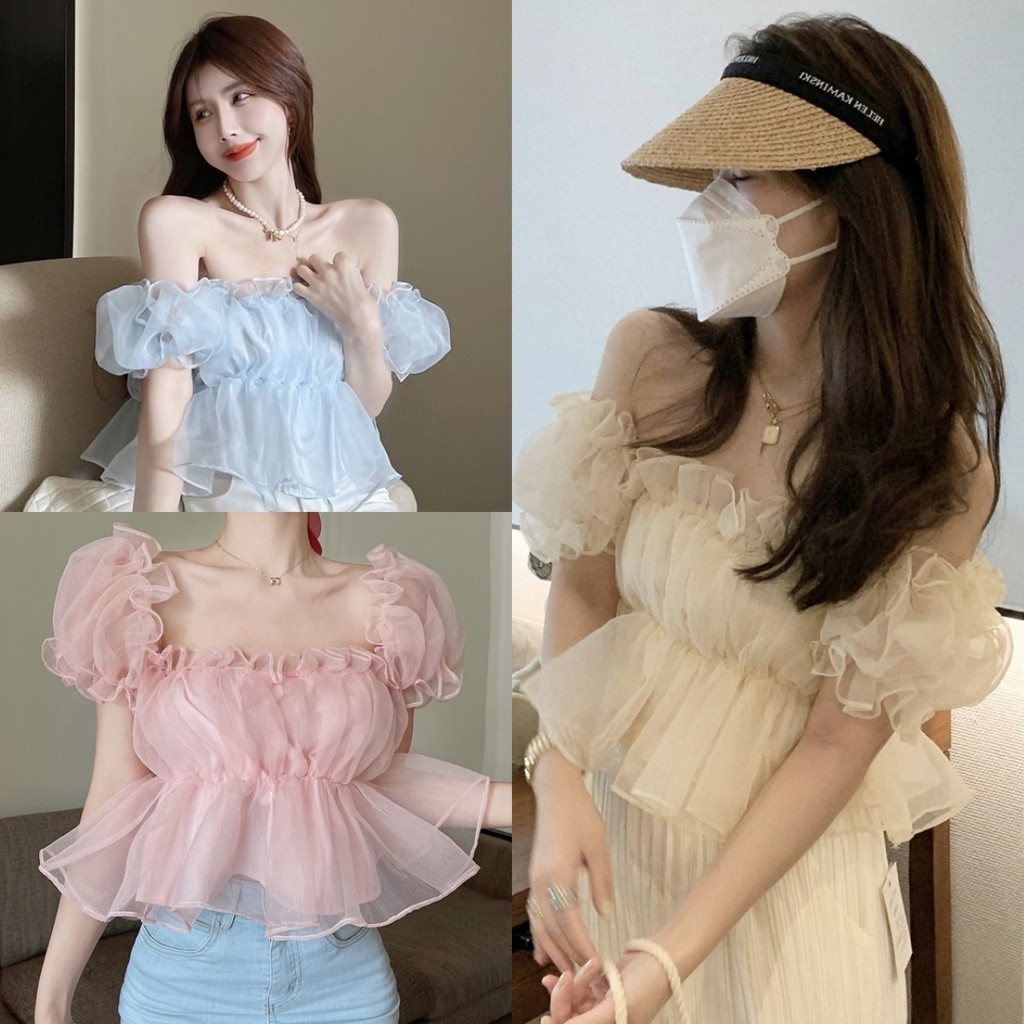 🔥ราคาถูกที่สุด🔥เสื้อแฟชั่นผู้หญิง ผ้าแก้วสวยมาก แขนตุ๊กตา ทรงพองจีบรอบ ใส่ปาดไหล่ได้