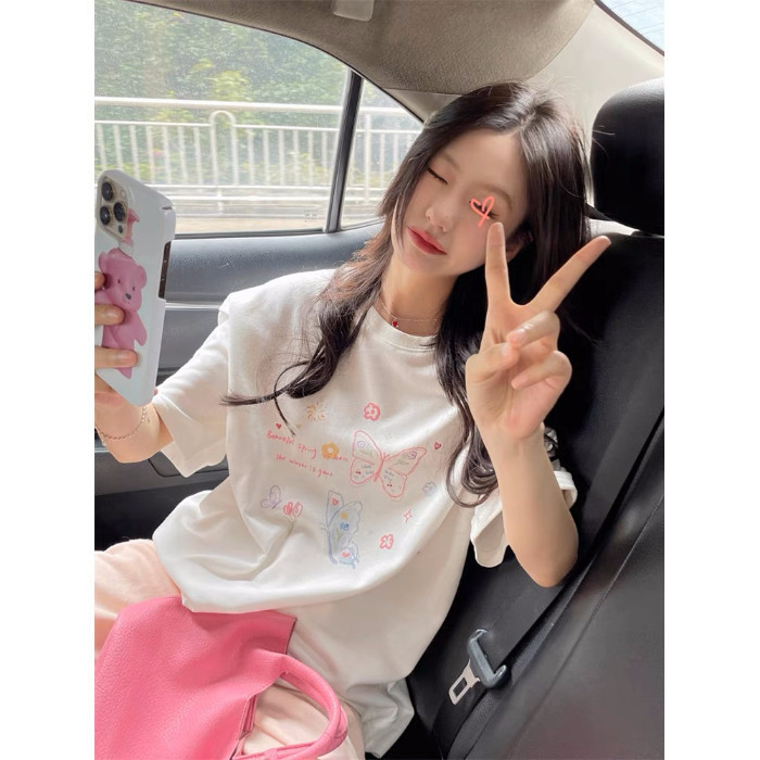 （พร้อมส่งจากกทม มาถึงใน 2วัน）เสื้อยืดพิมพ์ลายการ์ตูนแขนสั้น ลายผีเสื้อวัสดุผ้าฝ้ายแท้นื้อนุ่มใส่สบาย เสื้อยืดสไตล์เกาหลี