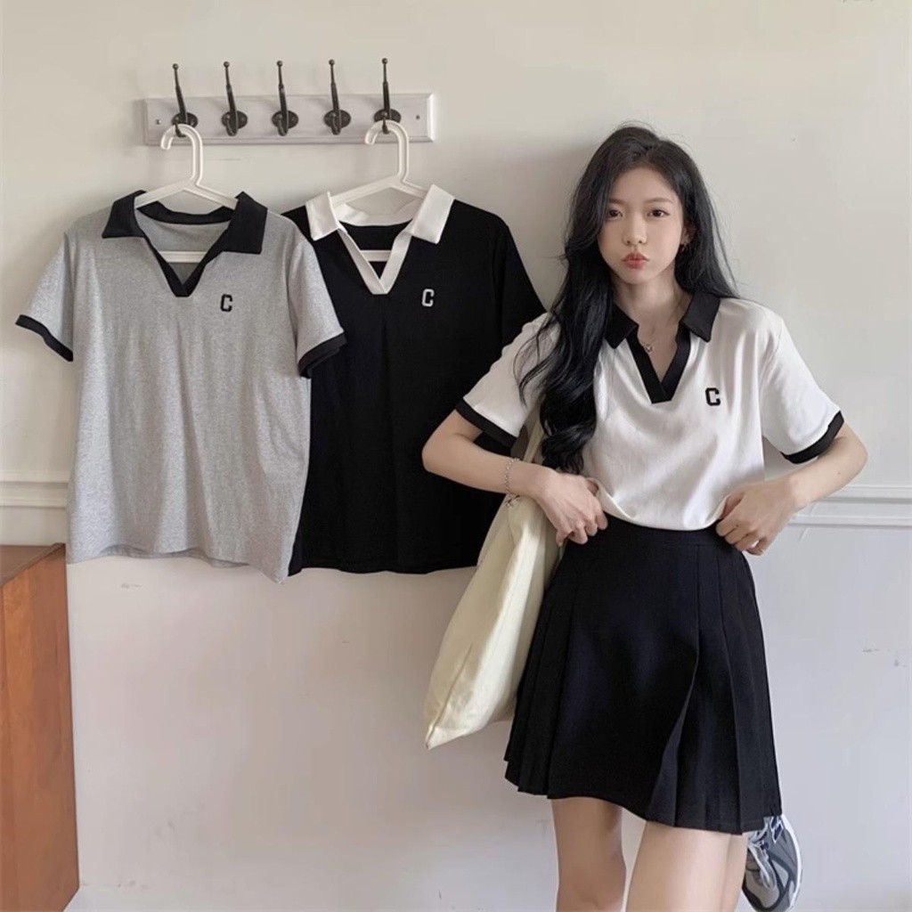 Solovely สตรี สไตล์เกาหลี เสื้อ งานปัก เสื้อยืด แขนสั้น เสื้อโปโล
