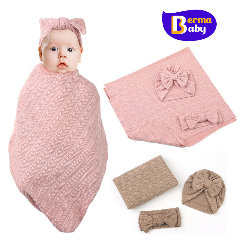 Berma Baby ผ้าห่มเด็กหมวกเด็กที่คาดผม ผ้าห่มห่อตัว ผ้าห่อตัวเหมาะสำหรับเด็กเเรกเกิดถึง1 ปี  เซ็ต 3