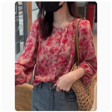 LuneGrace เสื้อเชิ้ดชีฟองแขนยาว ลายดอก เสื้อชีฟอง รูปที่ 5
