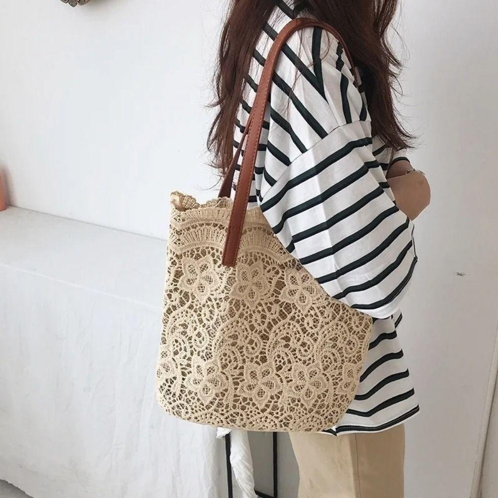 Bersy กระเป๋าถือทอผู้หญิง,Hollow Out Handโครเชต์ลูกไม้กระเป๋าสะพาย,Elegant Long Lasting TOP-Handleน้ําหนักเบาโครเชต์ดอกไม้Tote Sandy Beach