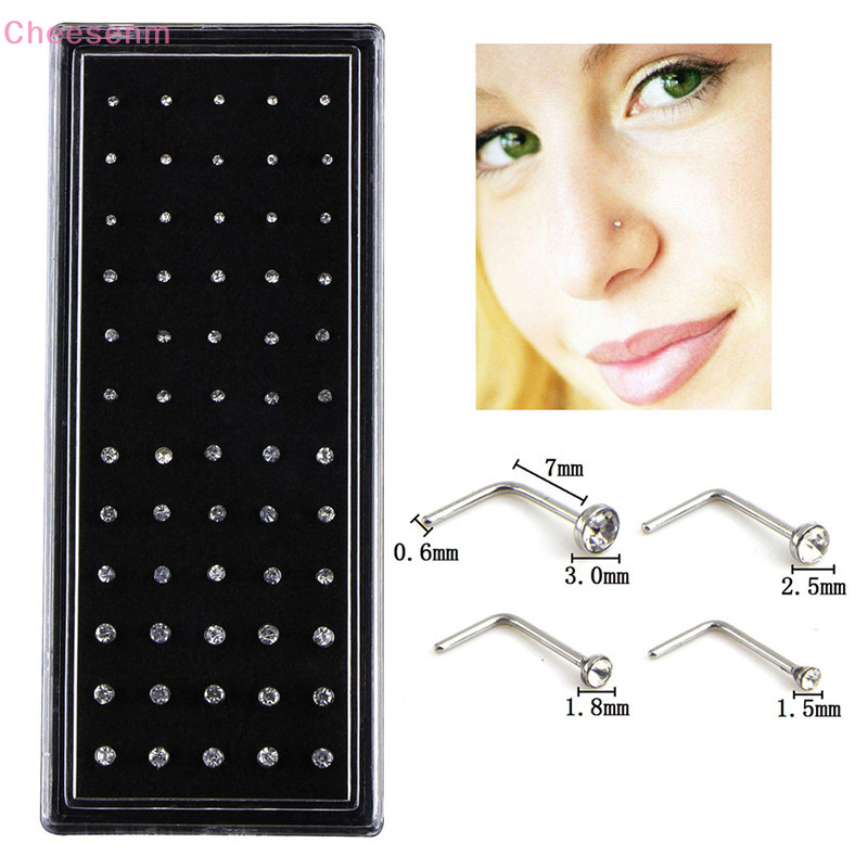 Cheesenm 60 ชิ้น L สไตล์คริสตัล Rhinestone แหวนจมูกกระดูกสตั๊ดเครื่องประดับเหล็ก TH