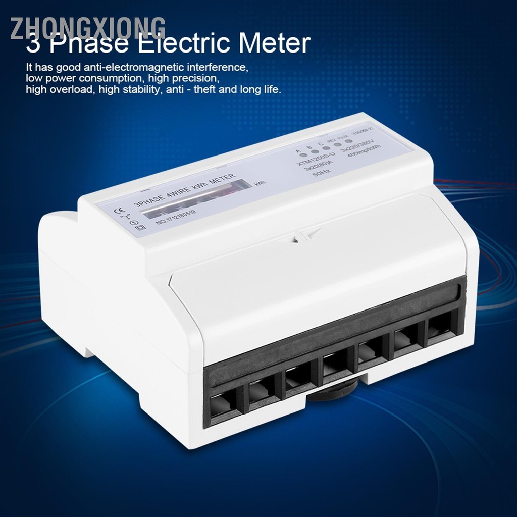 ZhongXiong มิเตอร์ไฟฟ้าดิจิตอล 3 เฟส 4 สายไฟ DINRail 20(80)A มิเตอร์ไฟฟ้า KWh