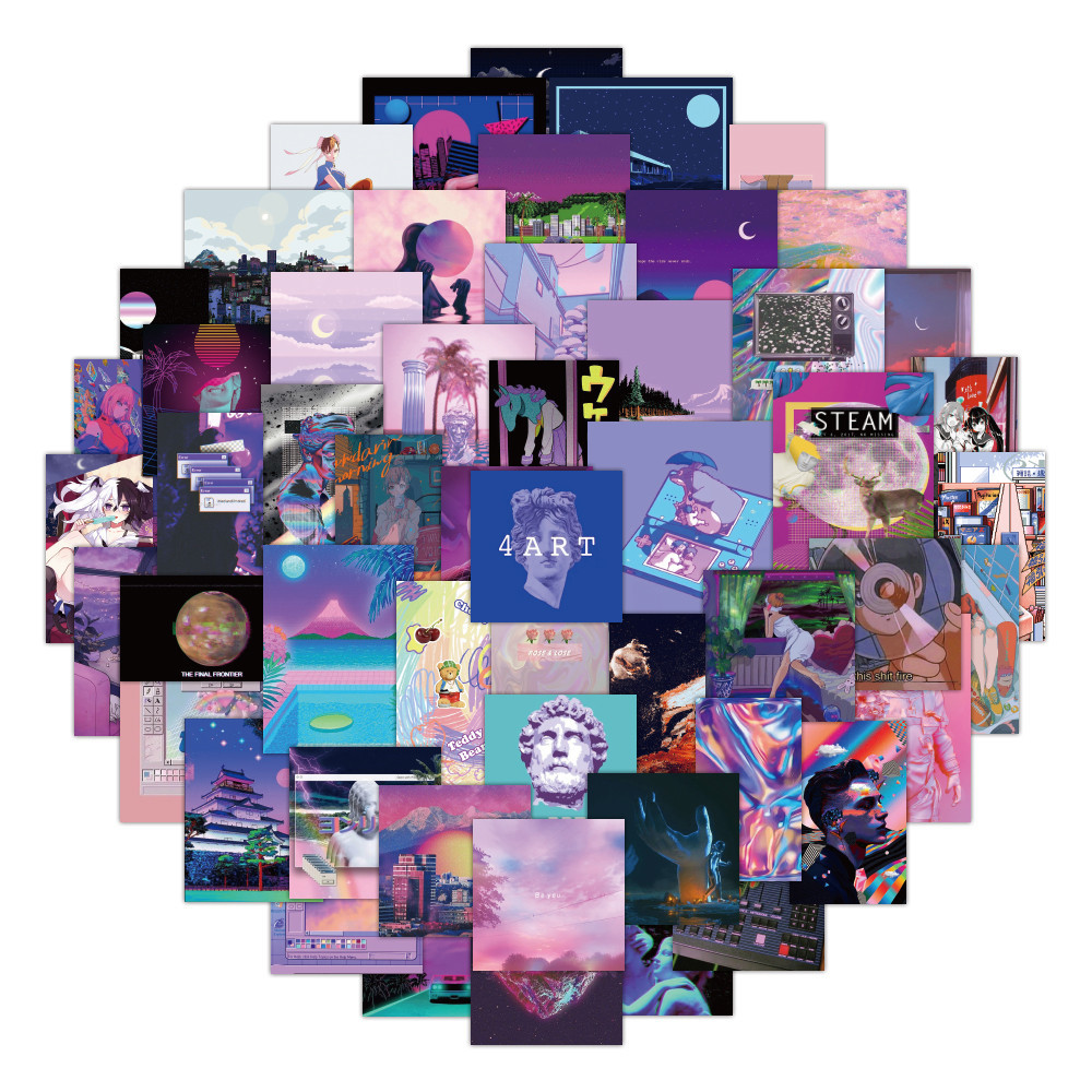 200/100/50PCS สีม่วง Vaporwave City Pop Graffiti สติกเกอร์สําหรับหมวกกันน็อคจักรยาน Journal ดินสอ