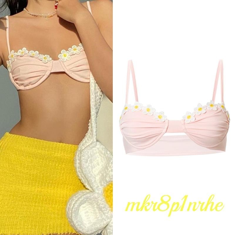 ผู้หญิงเซ็กซี่เสื้อบิกินี่สีชมพูดอกไม้รูปแบบApplique Sweetheart Necklineชุดชั้นใน