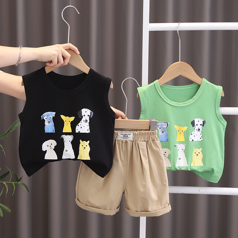 แฟชั่นฤดูร้อนเด็กทารกเด็กผู้หญิงเสื้อผ้าชุดเด็กวัยหัดเดินแขนกุดการ์ตูนสุนัข 2 ชิ้น/เซ็ตผ้าฝ้ายเสื้อ + กางเกงขาสั้นเด็กเสื้อผ้าเด็ก