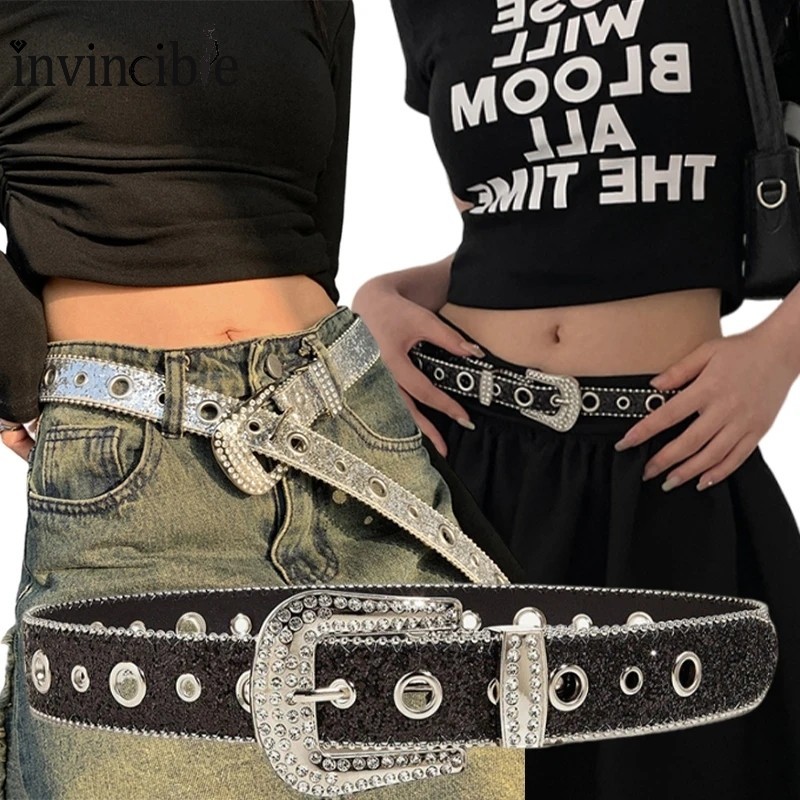Y2k Punk Full Rhinestone เข็มขัดผู้หญิงเครื่องเทศสาว – สีชมพูสีดําสีขาว Star เข็มขัดหนัง PU – Bling Ins หวาน Cool เข็มขัด