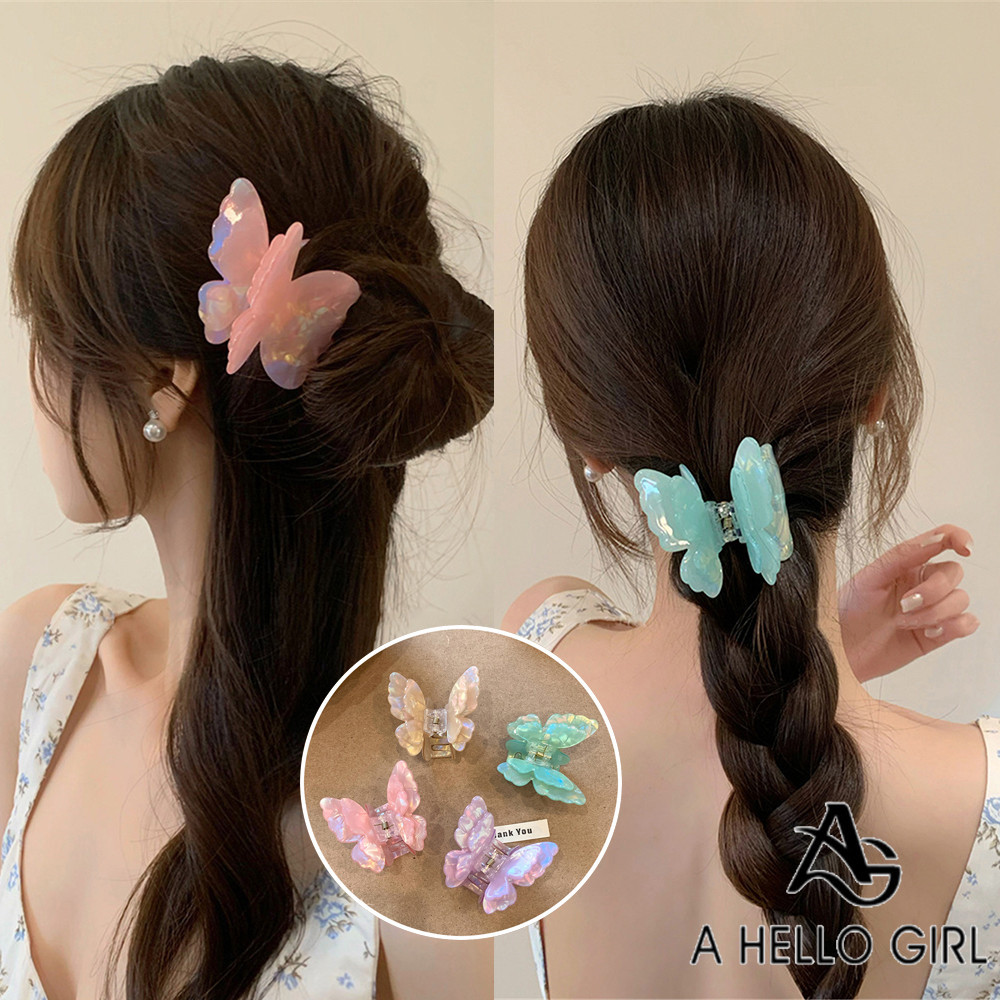 Gradient Double-layer Butterfly Shark Clip Acetic Acid Gripper ใหม ่ French Mermaid Hairpin Super Fairy สีชมพูด ้ านหลังหัว