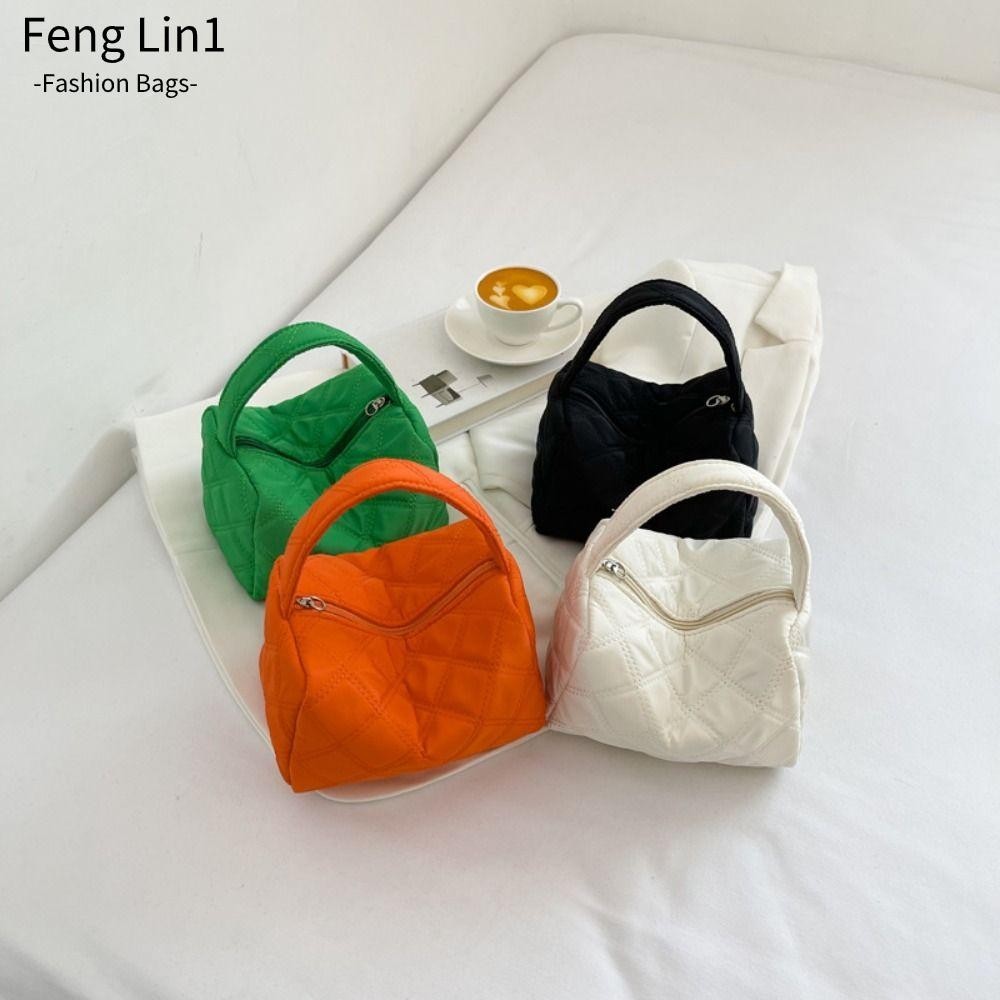 Fengling Quilted Tote Bag, โพลีเอสเตอร์ไนลอนกระเป๋าถือลายสก๊อตอบอุ่น, แฟชั่นสีดําสีขาวสีส้มสีเขียวน้ําหนักเบากระเป๋านักช้อปผู้หญิง