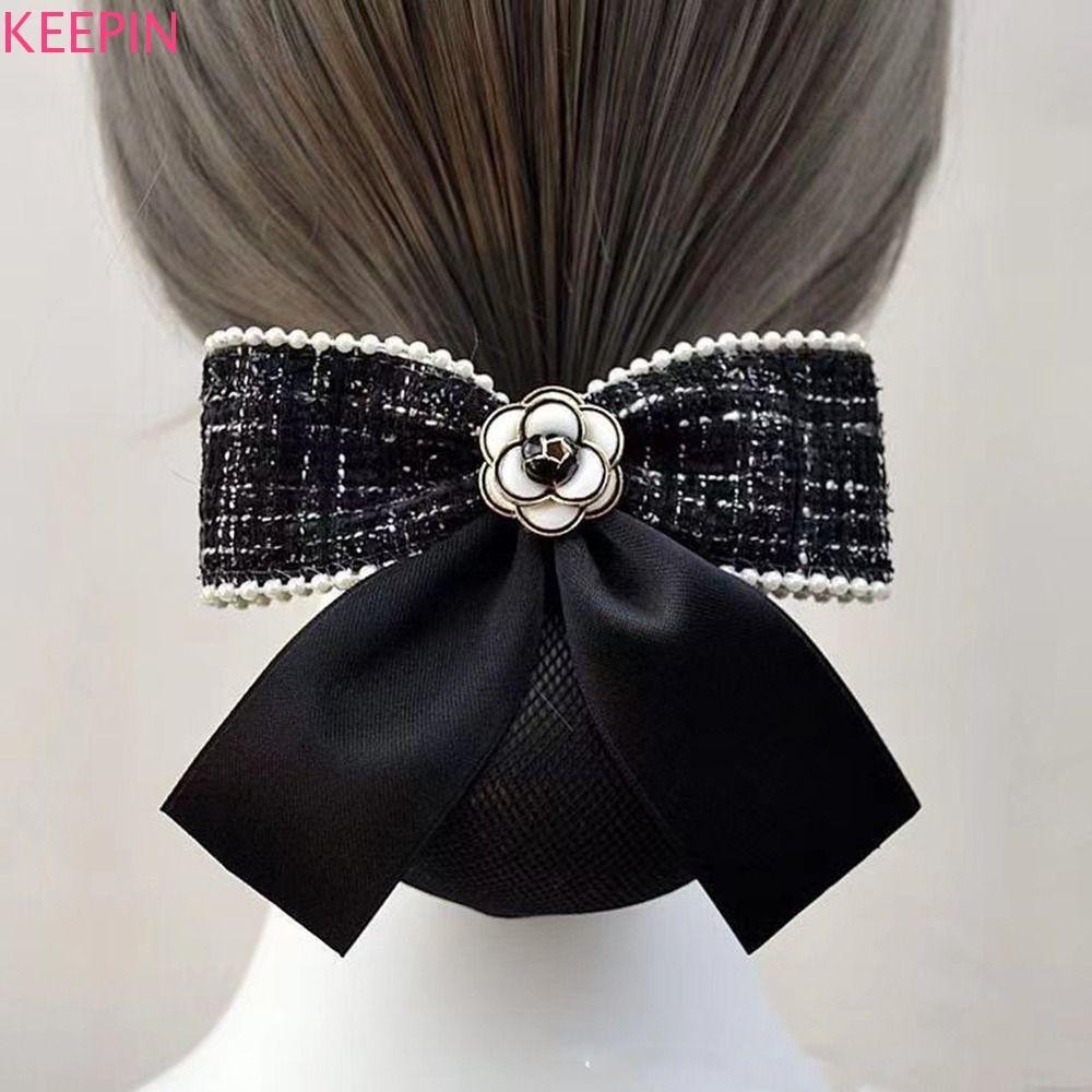 Keepin Professional Headdress สําหรับสาว Vintage หวาน Bowknot ผมหางม ้ าคลิป Camellia ดอกไม ้ Pearl Airline Stewardess Headwear เกาหลี Bun Snood