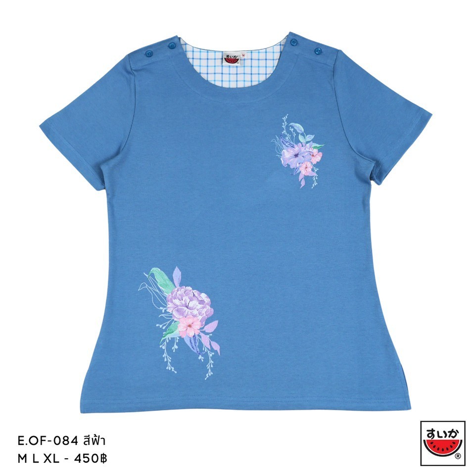 แตงโม (SUIKA) - เสื้อยืดคอกลมกระดุมไหล่ ลายพิมพ์ดอกไม้ ( E.OF-084 )