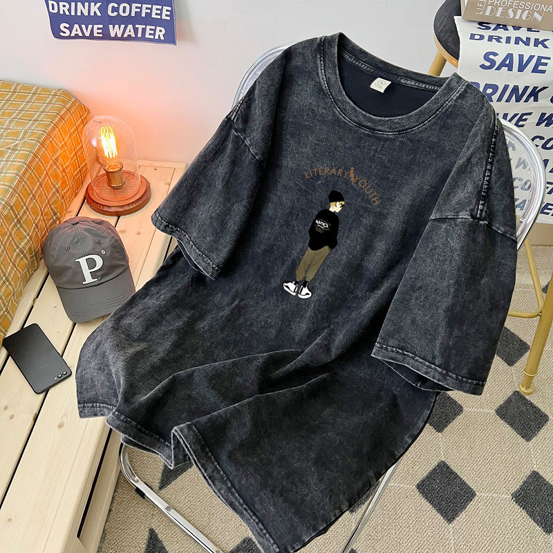 （จัดส่งตลอด 24 ชั่วโมง）HY trendy menswear เสื้อยืดฟอก oversize ลายการ์ตูน cotton100 เนื้อผ้านิ่มม ใส่สบาย T1267-1