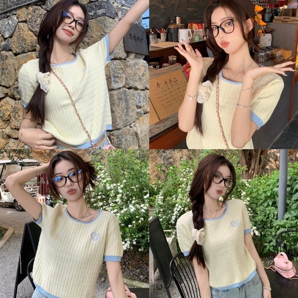 Miss Kitty จัดส่งที่รวดเร็ว "76118" เสื้อยืดไหมพรม คอกลม แขนสั้น ดีเทลปักหัวใจที่หน้าอก