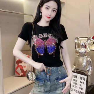 เสื ้ อยืดแขนสั ้ นประกายพร ้ อมคอกลม เสื ้ อขนาดใหญ ่ เพชรร ้ อนอุตสาหกรรมหนักบางและบาง