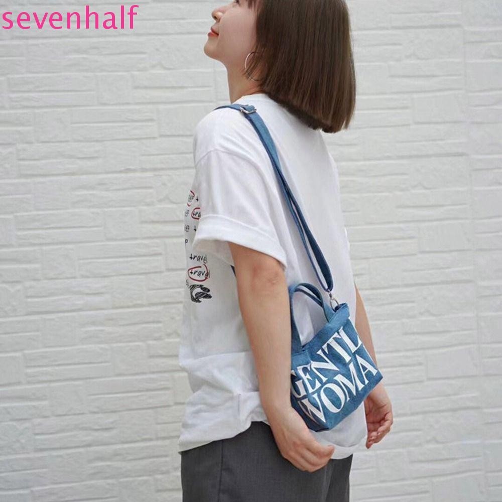 Sevenhalf Gentlewoman Denim Canvas Bag, Thai Mini Letter Tote Bag, Fashion Small Shoulder Bag Gentle Woman Print Messenger Bag Streetwear