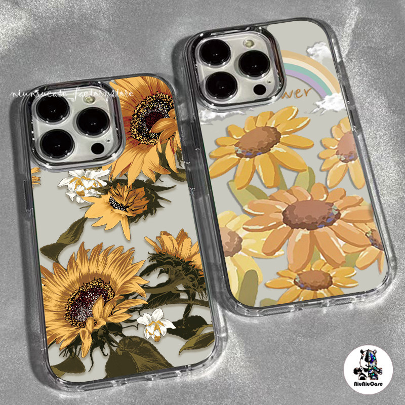 เคสไอโฟน11 For iPhone 11 13 12 14 15 Pro Max X 7 Plus เคส ลายดอกทานตะวัน รูปแบบโปร่งใส ซิลิโคนนุ่มกันกระแทก กรอบรูปโลหะ