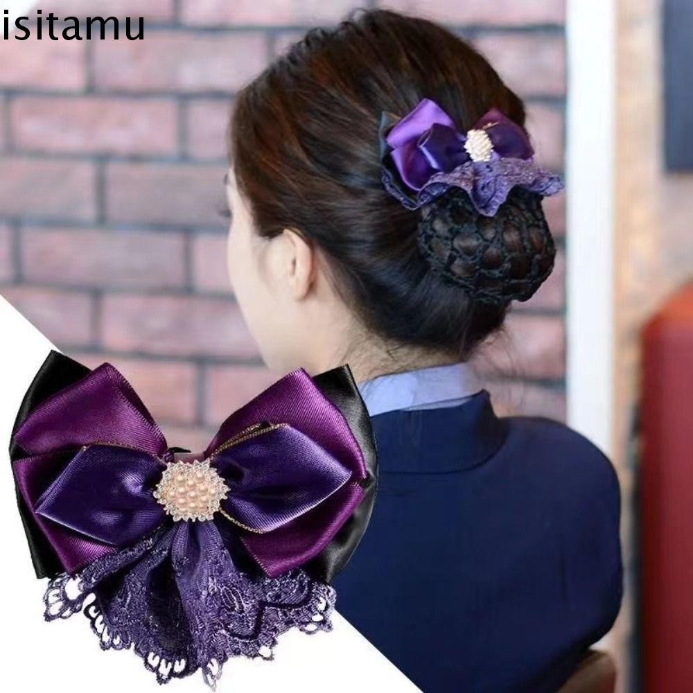Isitaft Bowknot Spring Clip, Pearl Rhinestone Bun Snood, Elegant Ribbon Headwear สไตล์เกาหลีผ้าคลุมผมเด็กผู้หญิง