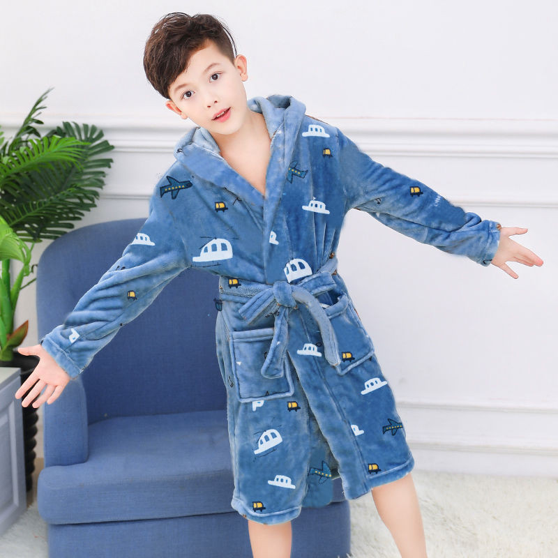 Alj ใหม่มาถึงโปรโมชั่นตรงผมชาย Homewear ฤดูใบไม้ร่วงสไตล์ใหม่เด็กเสื้อคลุมอาบน้ําเด็ก Flannel Lace-Up Hooded Nightgown ชายชุดนอนเด็ก