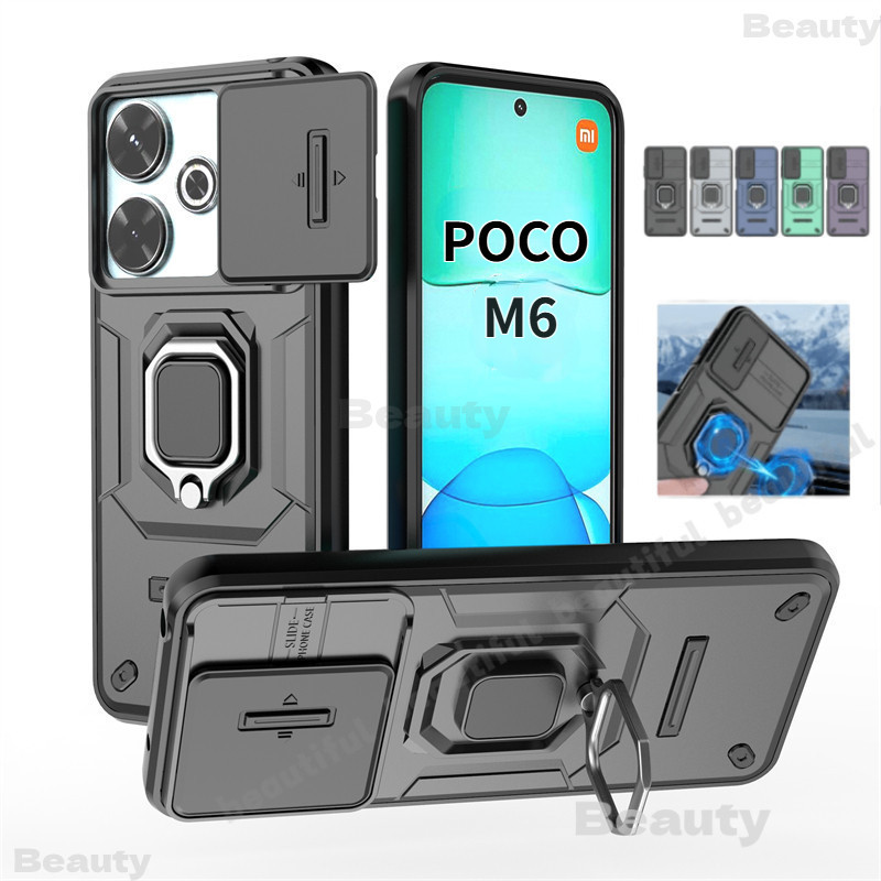กรณี Xiaomi POCO M6 4G เคสโทรศัพท์สําหรับ POCO M6 Pro 4G เกราะโทรศัพท์กันชนกันกระแทกสไลด์กล้องเลนส์แหวนผู้ถือฝาครอบ PocoM6Pro M6 Pro PocoM6 4G M6 POCO X7 Pocox6 POCOF6 Pro
