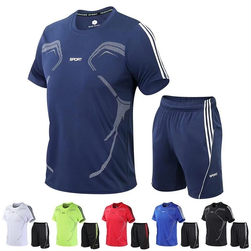 2 ชิ้น / ชุดเสื้อยืดกีฬาผู้ชาย + กางเกงขาสั้นออกกำลังกาย, ชุดกีฬาแห้งเร็ว, ชุดทูพีซ, ชุดวิ่ง เสื้อผ้าฟุตบอล