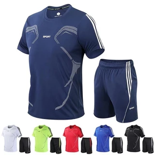 2 ชิ้น / ชุดเสื้อยืดกีฬาผู้ชาย + กางเกงขาสั้นออกกำลังกาย, ชุดกีฬาแห้งเร็ว, ชุดทูพีซ, ชุดวิ่ง เสื้อผ้าฟุตบอล