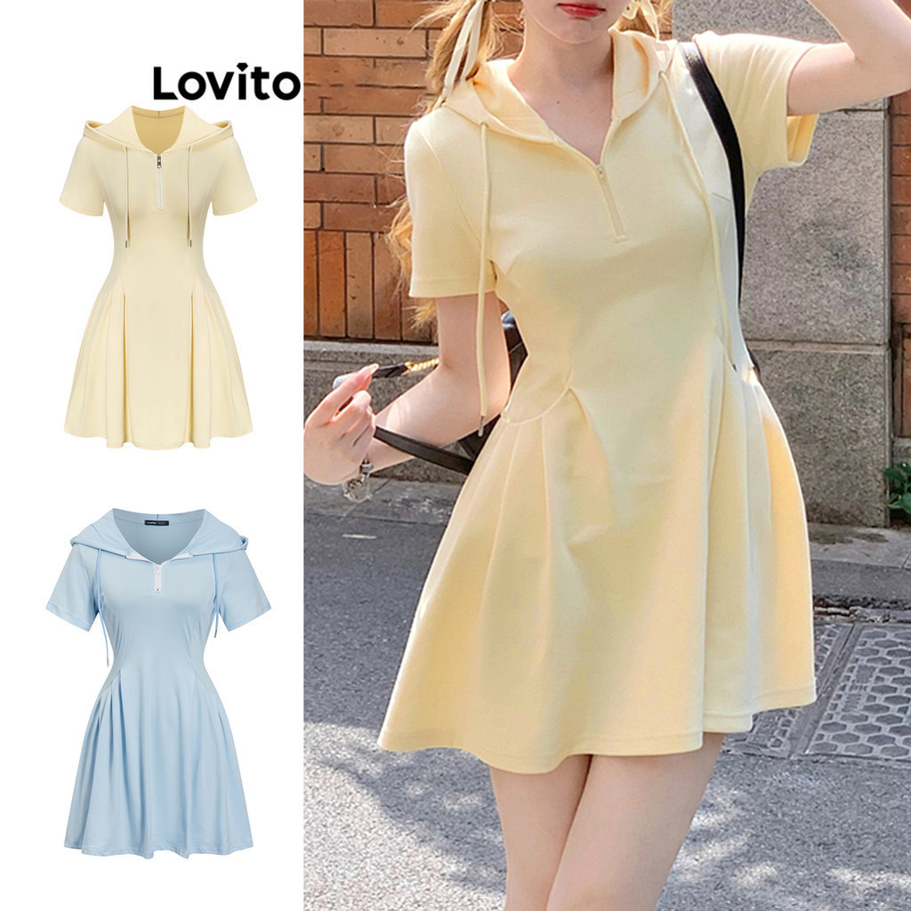 Lovito ชุดเดรสผู้หญิง เส้นโครงสร้าง มีซิป สีพื้น สไตล์ลำลอง L68ED139 (หลากสี)