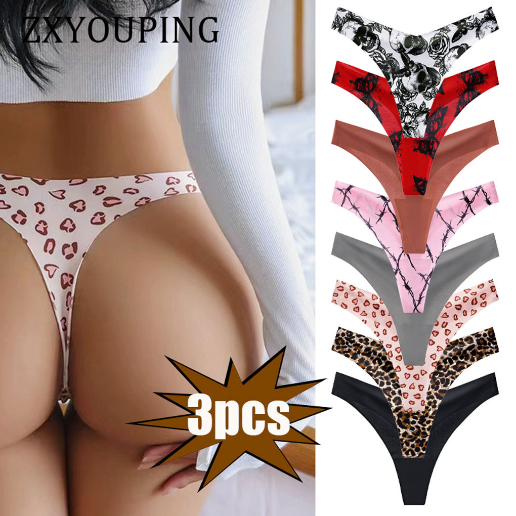 Zxyouping 3 ชิ้นผ้าไหมน้ําแข็งไม่มีรอยต่อ Tibak Panti สําหรับผู้หญิงกางเกงชุดเซ็กซี่ V รูปต่ําเอว G String พิมพ์เสือดาวฟิตเนสกีฬาทองชุดชุดชั้นในบิกินี่