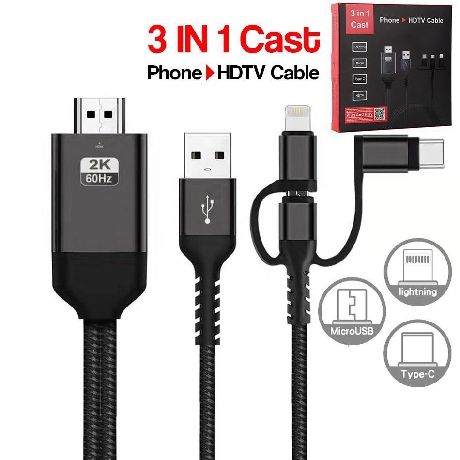 3 in 1 โทรศัพท์ถึงสาย HDMI,ความละเอียด 1080P สาย USB เป็น HDMI Type C โทรศัพท์ Android หน้าจอ Mira Cast สายโปรเจคเตอร์ Pigfly