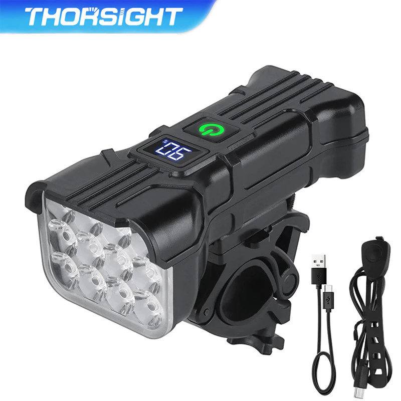 1200mAh ไฟหน้าจักรยาน Super Bright USB-C 12 ลูก LED ไฟหน้าจักรยานแบบชาร์จไฟได้พร้อมแตรอุปกรณ์จักรยานกันน้ำ