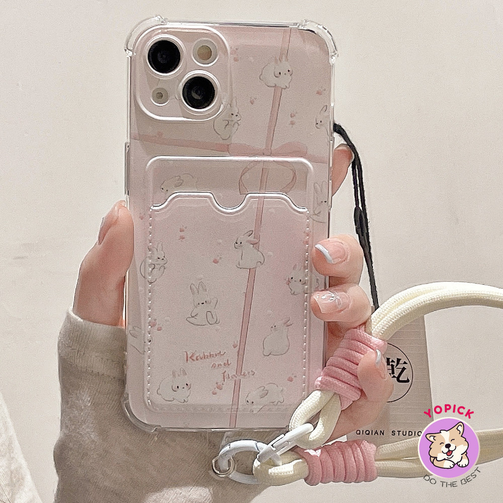 กระต่ายสีชมพูโบว์สร้อยข้อมือiphone 15 เคสโทรศัพท์สําหรับ13 14Promax 12 Mini 11 Pro Max X XS XR XS Max 7 8 Plus SE2020 6Plusการ์ดโทรศัพท์มือถือโซ่แขวนเชือกน่ารักการ์ตูนNe