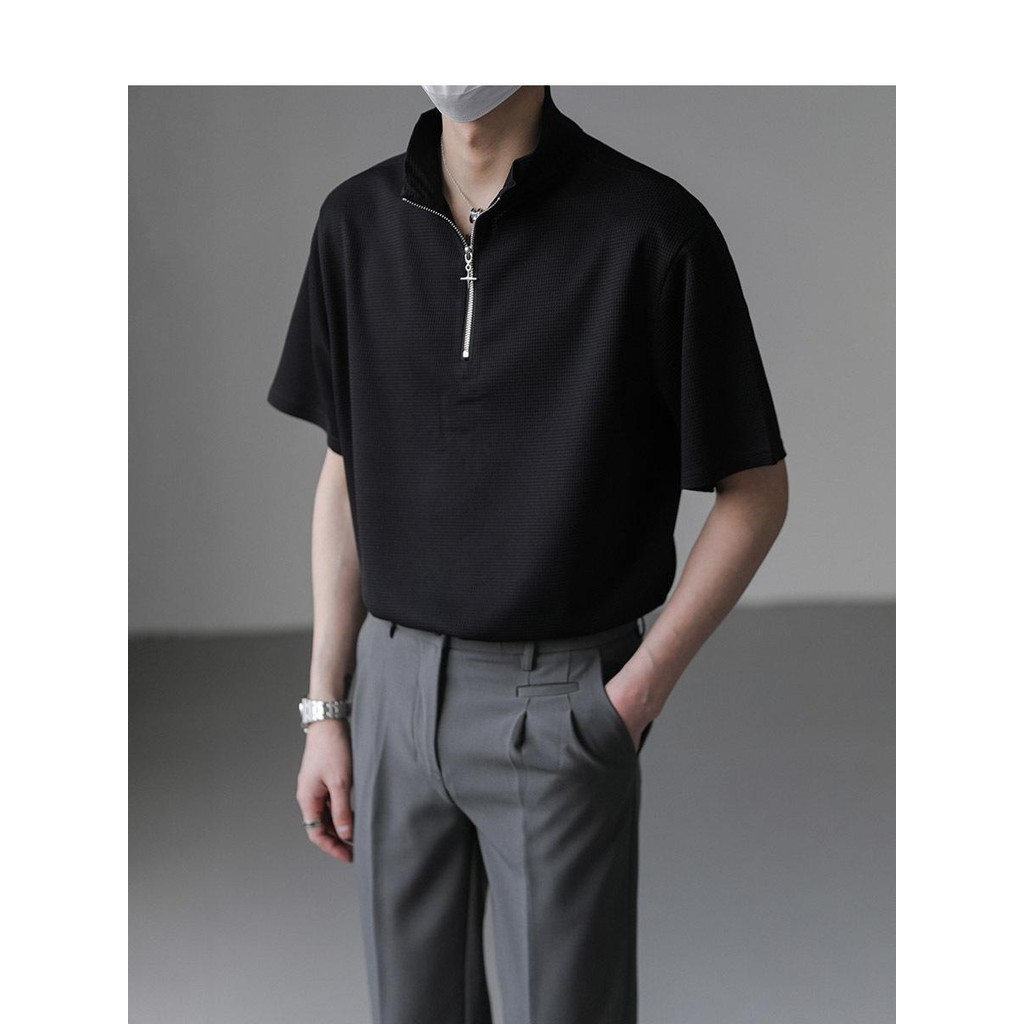 MNO.9 Polo T35 เสื้อโปโลแขนสั้นชาย ทรงสวมหัว มีซิปรูดได้สุดถึงคอ ผ้าวาฟเฟิล เสื้อแขนสั้น ลำลองผู้ชาย