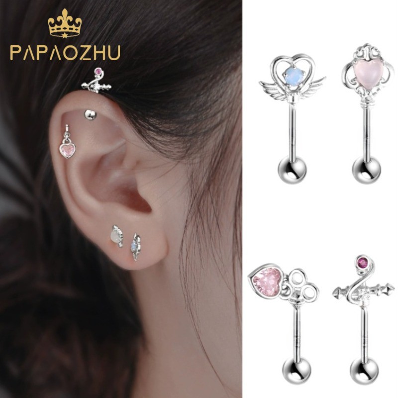 Papaozhu 1PC ที่ละเอียดอ่อน S925 เงินโอปอลหัวใจ Magic Wand สกรูต่างหูผู้หญิงสาวเจาะหู Studs เครื่องประดับ
