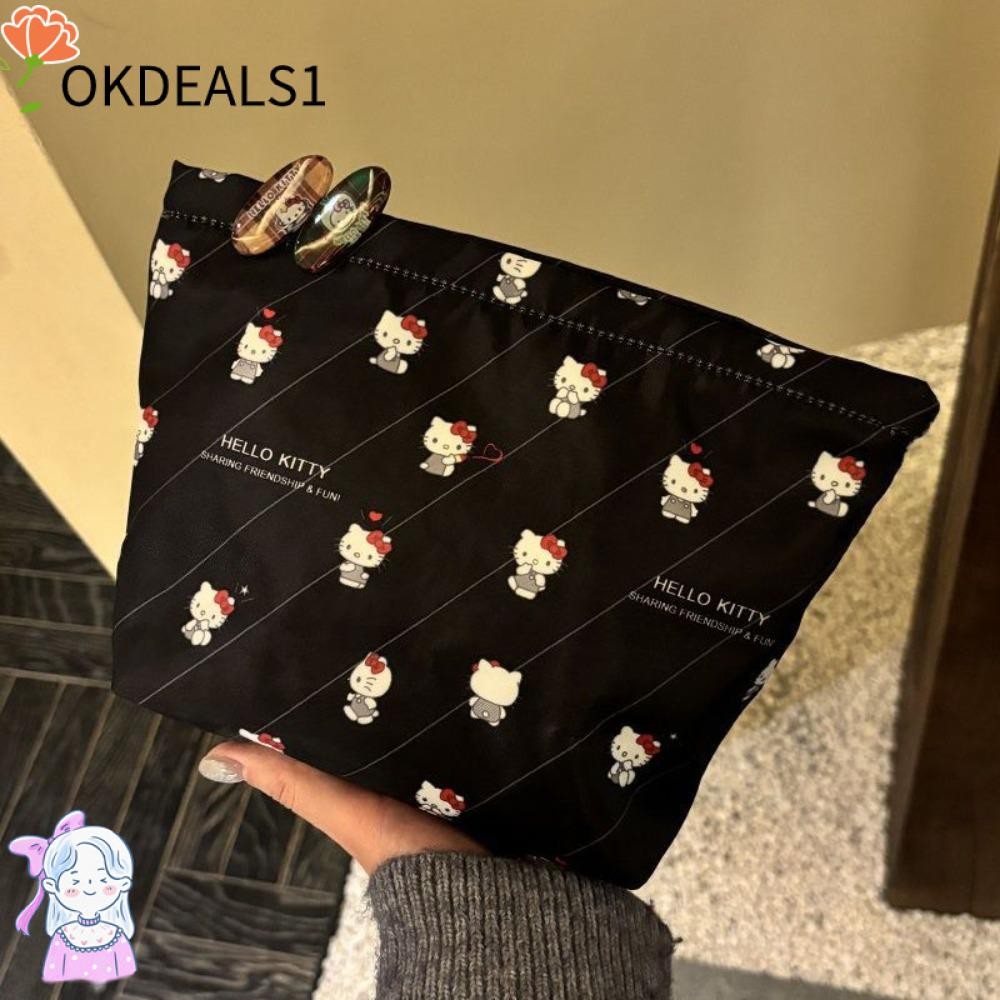 SANRIO ดีลช็อป กระเป๋าแต่งหน้า,แบบพกพาพิมพ์ถุงเก็บเครื่องสําอาง,ที่มีคุณภาพสูงความจุขนาดใหญ่ ซานริโอ สวัสดี คิตตี้ เดินทางถุงแป้งส