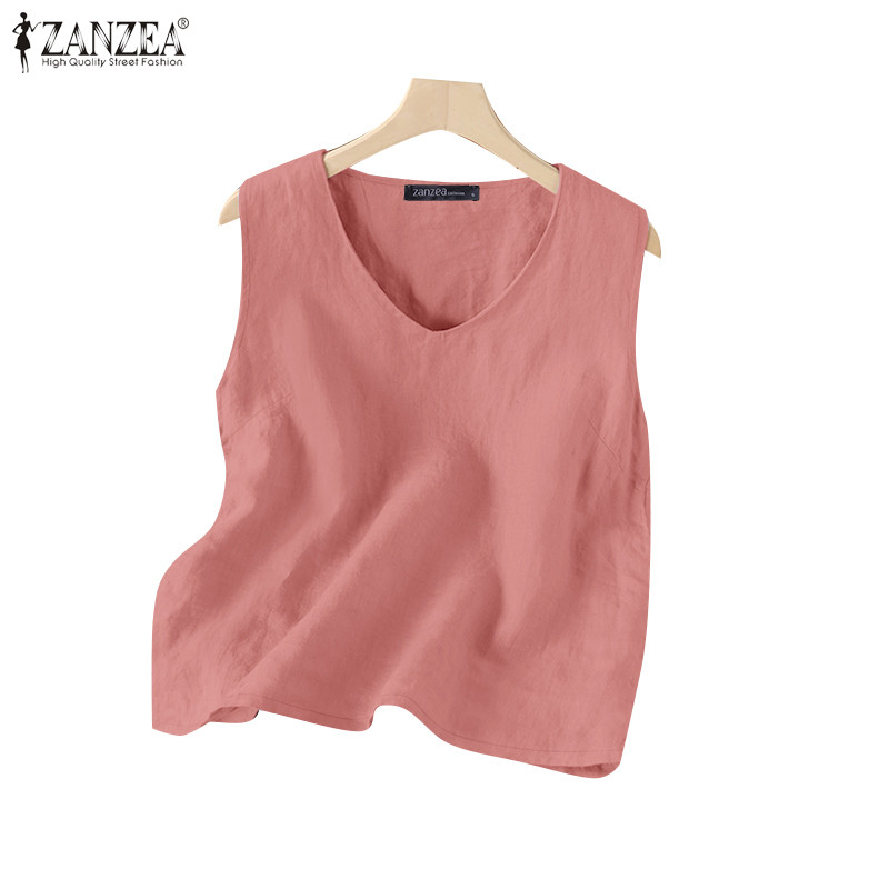Zanzea ผู้หญิงเกาหลีลําลองคอวีแขนกุดสีทึบ DailyTanks