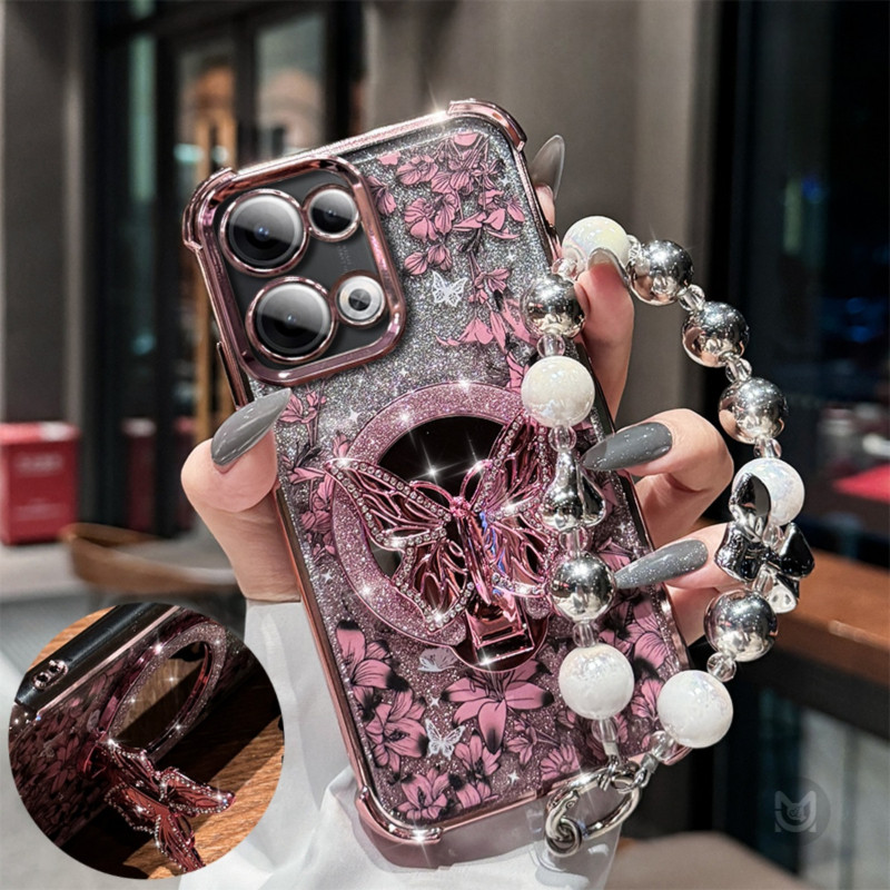 ปลอกกันกระแทกสําหรับOPPO Reno 13 14 15 Pro Max 15F 14F 13F 5G Glitterเพชรผีเสื้อกระจกวงเล็บนุ่มพร้อมโซ่