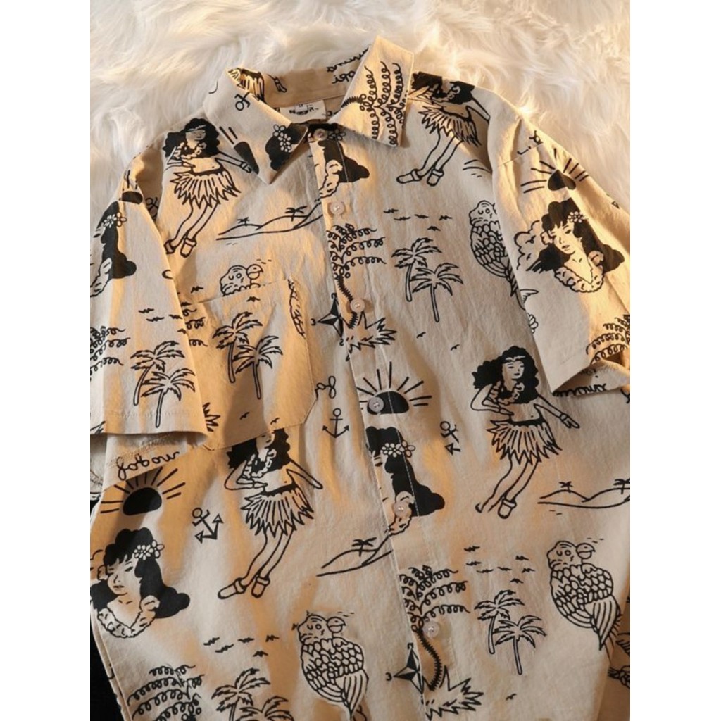 ฤดูร้อนสไตล์ใหม่ญี่ปุ่นย้อนยุคฮาวายกราฟฟิตีพิมพ์เสื้อ