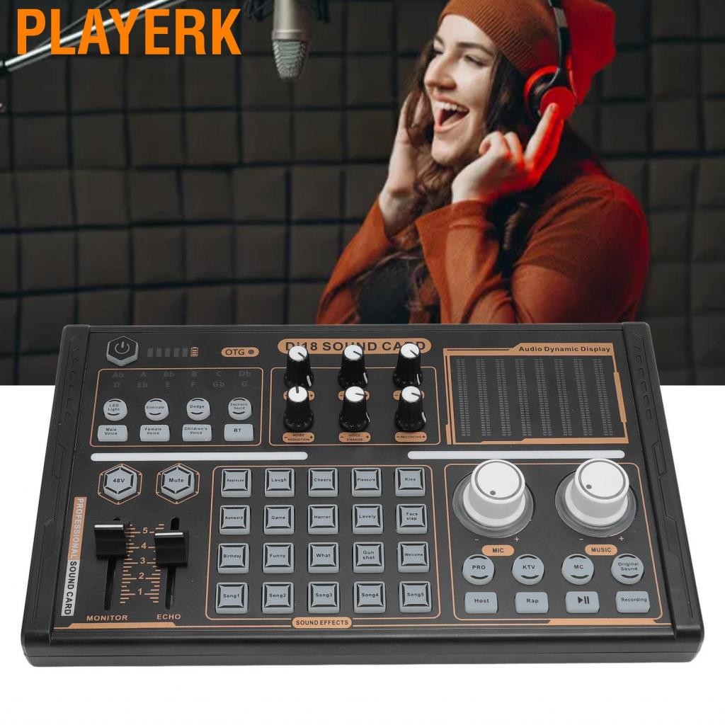 PlayerK DJ18 Live Sound Card Mixer Board Lights สีสันสดใสความเสถียรหลายเอฟเฟกต์สำหรับสตรีมไมโครโฟน 4