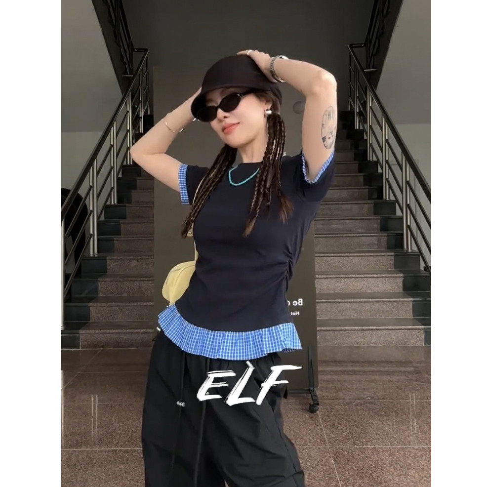 French Patchwork ลายสก๊อตลูกเรือคอแขนสั้นเสื้อยืดผู้หญิง Slim Crop Top