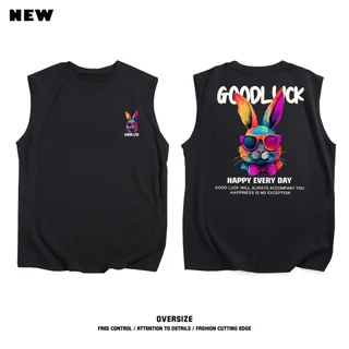 Y-T⚡เสื้อกั๊กแขนกุดชาย ยูนิเซ็กส์ เสื้อแขนกุด ไม่หดตัว ผ้าฝ้าย100% คอกลม "ขอให้โชคดี" สวมใส่สบาย สตรีทสไตล์