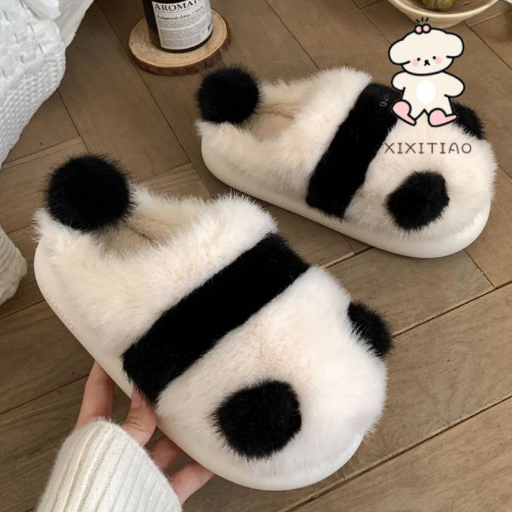 ฉี่ซิเตว รองเท้าแตะผ้าฝ้ายการ์ตูนแพนด้าฤดูหนาวนักเรียนใช้กันลื่นน่ารักตุ๊กตาให้อบอุ่น