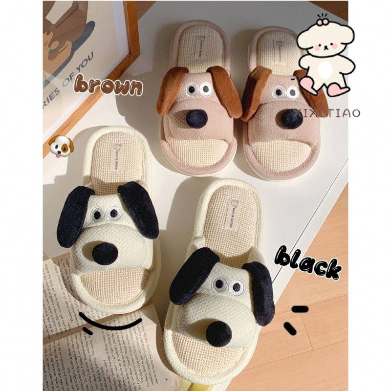 ฉี่เตียว รองเท้าแตะผ้าลินินในร่มชั้นน่ารักน่ารักสุนัขหูใหญ่พื้นนุ่มสุภาพสตรีบ้านการ์ตูนโฟร์ซีซั่ในร่มชั้น