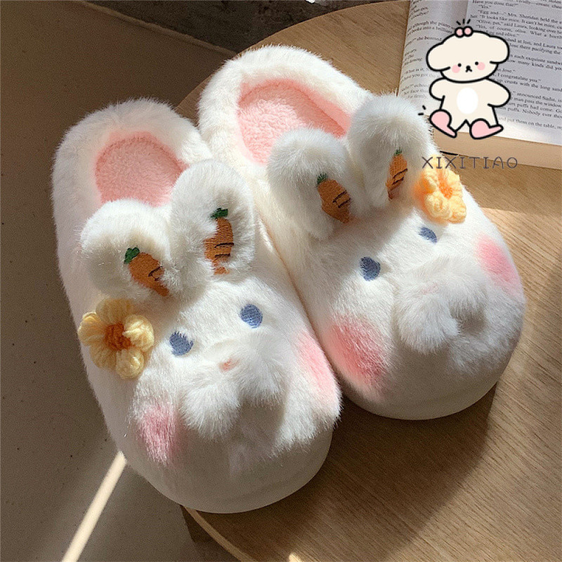 Xitiao ฤดูใบไม้ร่วงฤดูหนาว Leisure บ้านในร่ม Warm Plush รองเท้าแตะผ้าฝ้ายหญิงการ์ตูนน่ารักกระต่าย Soft Sole Baotou Confinement รองเท้า