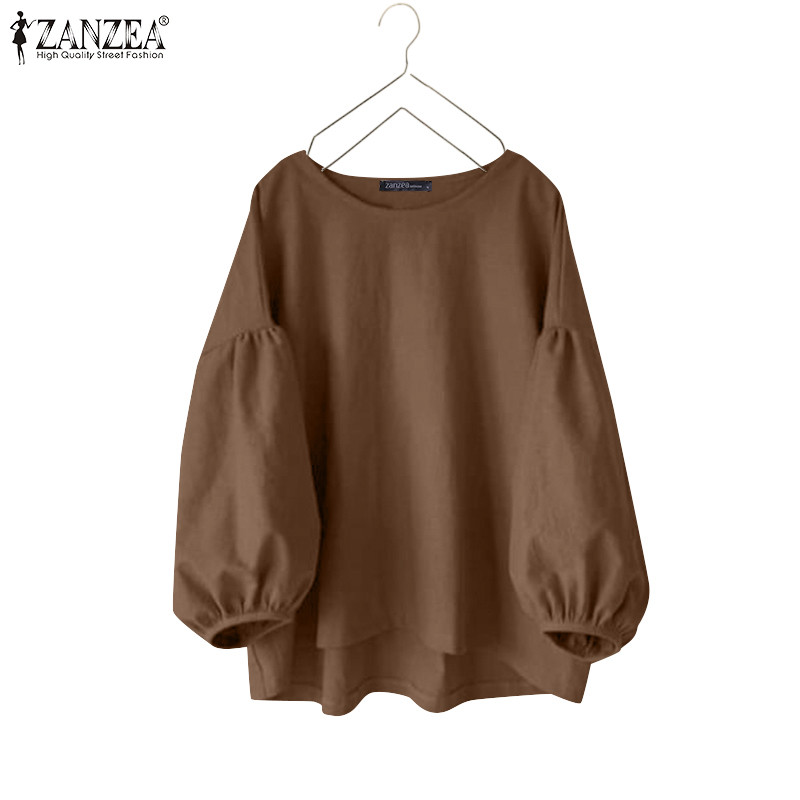 Zanzea ผู้หญิงเกาหลีลําลองคอกลมแขนโคมไฟเก้าแขนเสื้อด้านบน