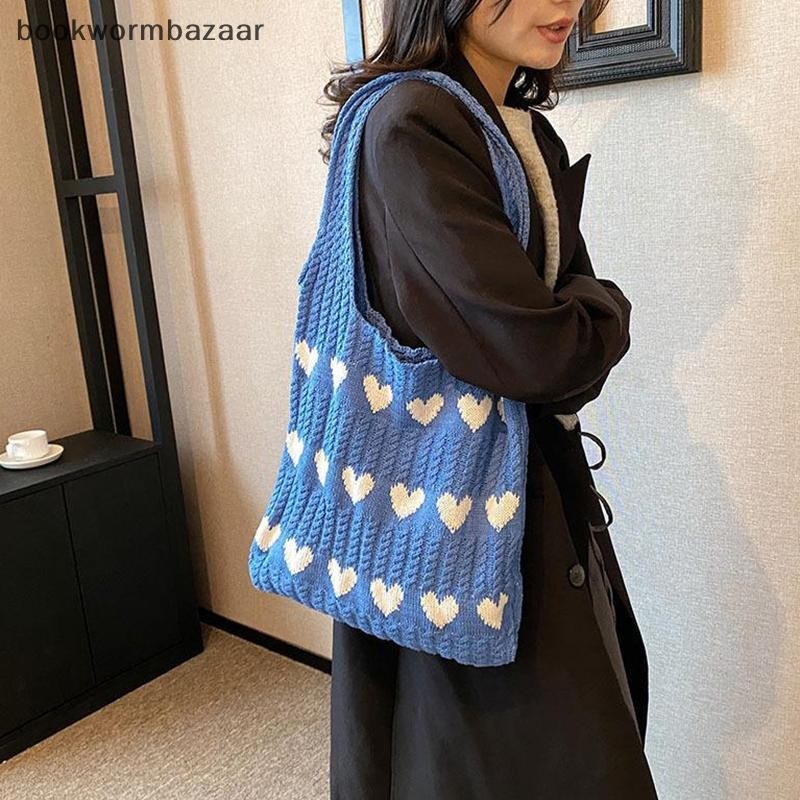 [BOK] Love Heart Graphic ถัก Tote Bag แฟชั่นทอกระเป๋าสะพายความงามโครเชต์กระเป๋าสําหรับผู้หญิง [TH]