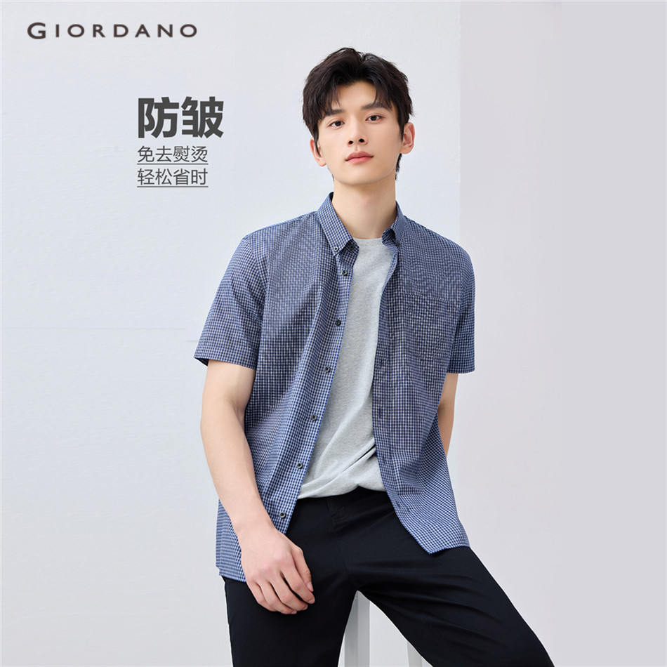 GIORDANO MEN Anti-wrinkle short sleeve cotton grid shirt 01045460