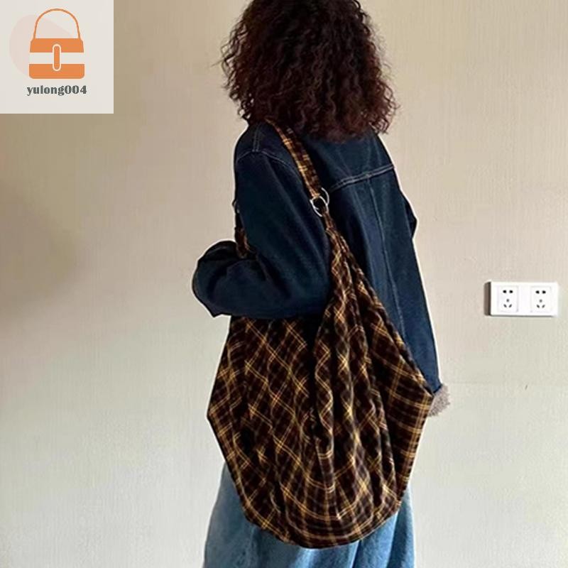 [PE] Vintage ลายสก๊อตความจุขนาดใหญ่อินเทรนด์ Casual Tote กระเป๋าเป้สะพายหลังกระเป๋าถืออเนกประสงค์ผ้าใบขนาดใหญ่รักแร้กระเป๋า Scotland สไตล์ TH