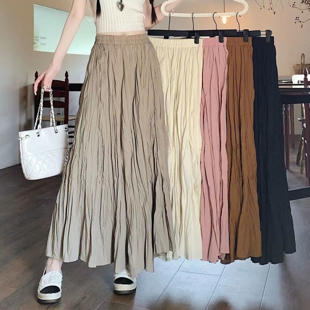 กระโปรง กระโปรงยาวปานกลาง ผอมลง ดูเอวยางยืดกระโปรงยาวย่นกระโปรงร่มอารมณ์อ่อนโยนฤดูใบไม้ผลิฤดูร้อนกระโปรงยาวเวอร์ชั่นเกาหลีทุกการแข่งขันกระโปรงยาวผ