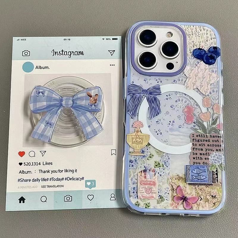 Splicing ดอกไม้โบว์วงเล็บแม่เหล็กใช้งานร่วมกับ iPhone16 เคสโทรศัพท์ 15pro/Shock-proof 13iPhone Shock-proof 14promax ขนาดใหญ่ 12 สไตล์ใหม่ Y9C8
