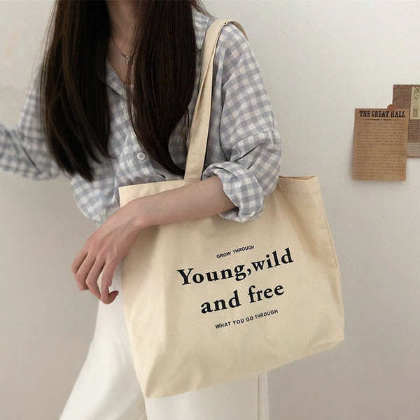 tote bag กระเป๋า tote bag เตรียมใจ สไตล์จดหมายกระเป๋าผ้าใบเรียบง่ายสไตล์เกาหลีสไตล์ขี้เกียจขนาดใหญ่-ความจุกระเป๋าช้อปปิ้งชายนักเรียนหญิง ระดับ ที